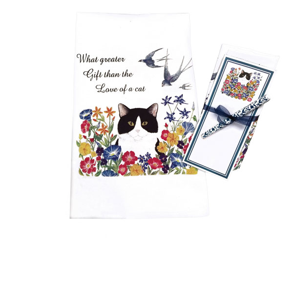 Cat in the Flowers Tea Towel, Notepad, and Pen