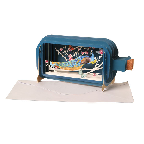 Peacock Message-in-a-Bottle 3D Pop-Up Greeting Card